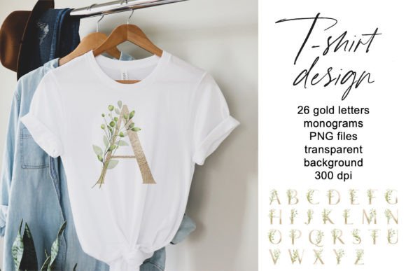 T Shirt Design with Leaves Gold Monogram